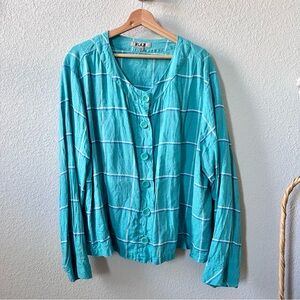 Flax 100% Linen Windowpane Plaid Button Front Top Size 2X Blue